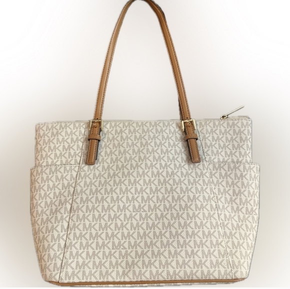 Michael Kors Jet Set Logo Top-Zip Tote Bag Cream & Brown EUC - Picture 5 of 10